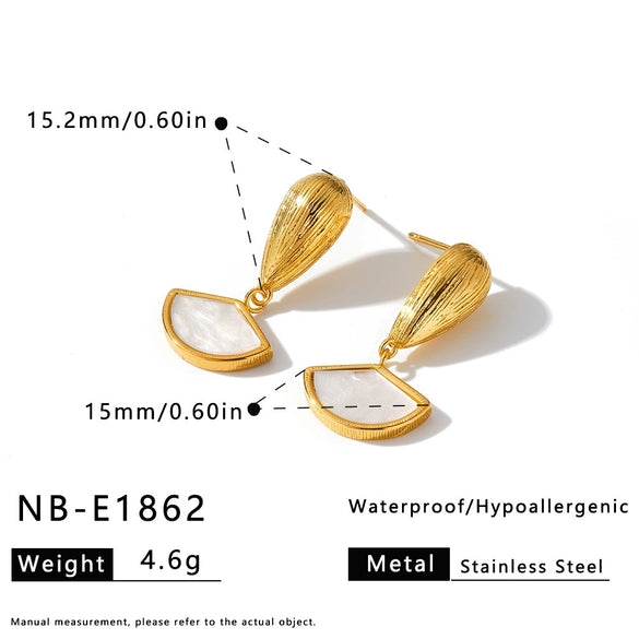 Women's Stainless Steel Geometric Drop Fan Earrings With White Shell Inlay And 18K Vacuum Plated Finish