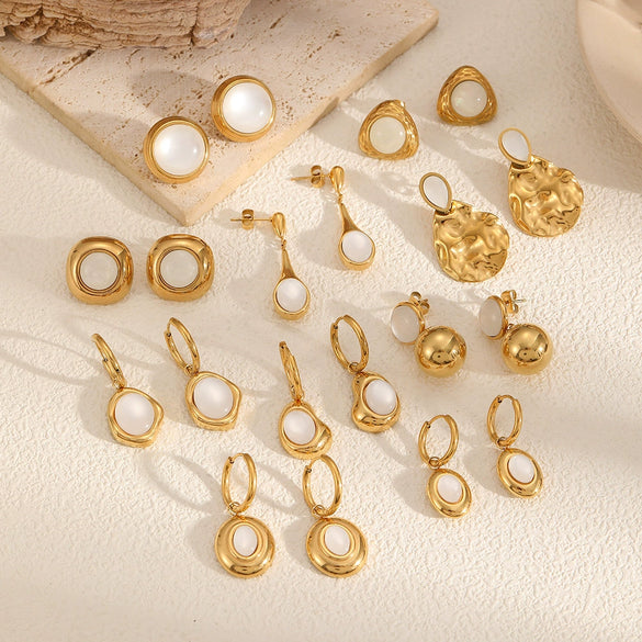 Women's Stainless Steel Geometric Dropshaped Cat's Eye Stone Earrings With 18K Gold Ball Pendant And Electroplating