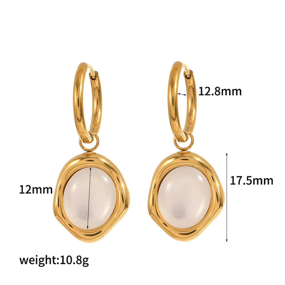 Women's Stainless Steel Geometric Dropshaped Cat's Eye Stone Earrings With 18K Gold Ball Pendant And Electroplating