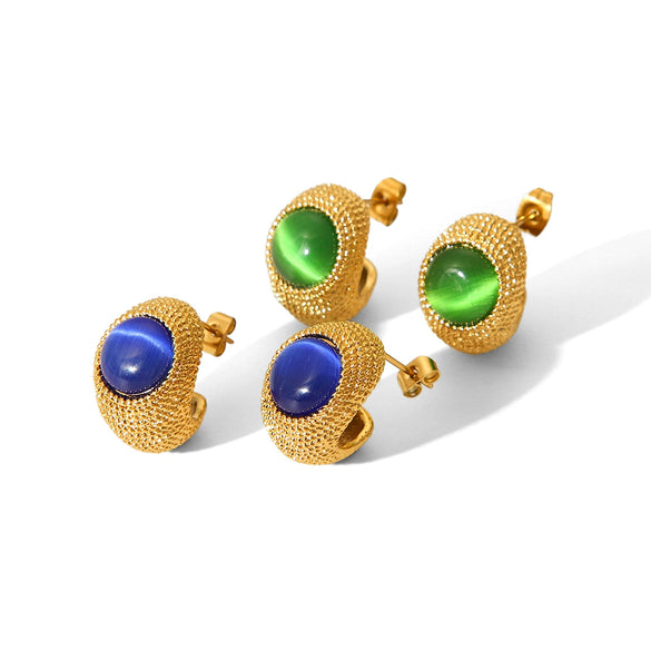 Women's Stainless Steel Geometric Dropshaped Electroplated Cat's Eye Stone Earrings