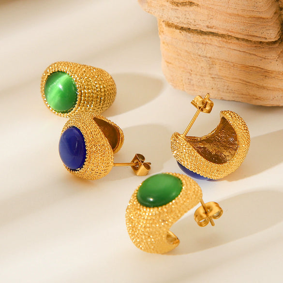 Women's Stainless Steel Geometric Dropshaped Electroplated Cat's Eye Stone Earrings