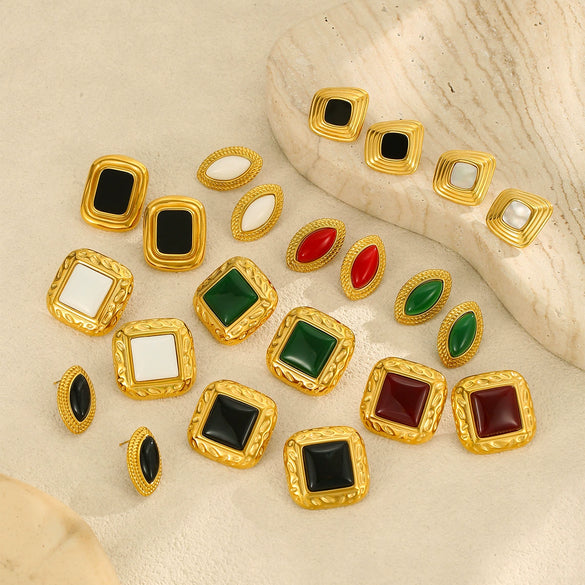 Women's Stainless Steel Geometric Earrings With Electroplating And Imitation Agate