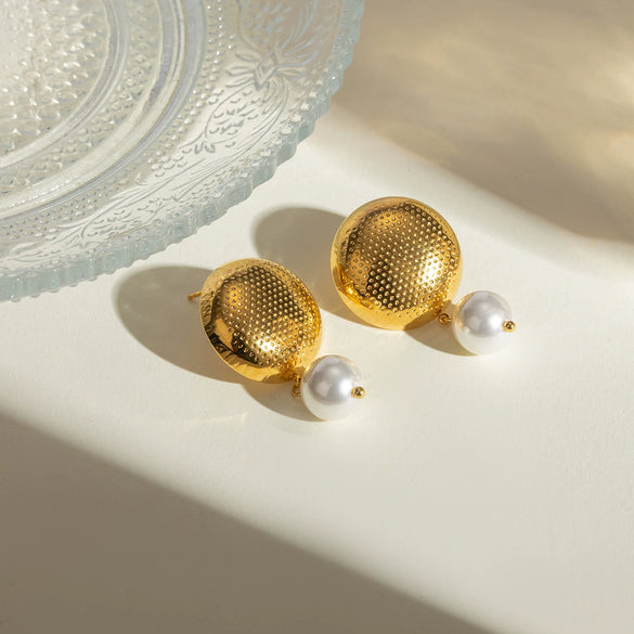 Women's Stainless Steel Geometric Electroplated Flower Round Pearl Earrings Jewelry