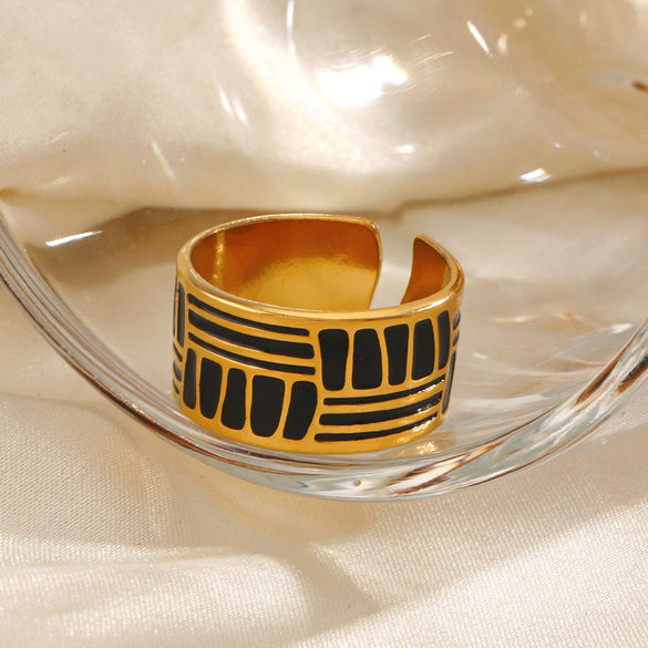 Women's Stainless Steel Geometric Exaggerated Wide Open Ring With Black Oil Dropping And 18K Gold Plated Electroplating