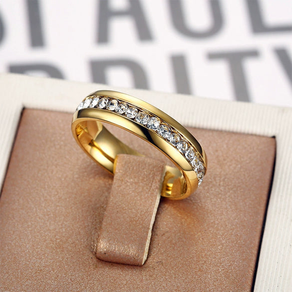 Women's Stainless Steel Geometric Finger Ring With Gold Tone Electroplated Finish And Diamond Encrusted Light Luxury Style