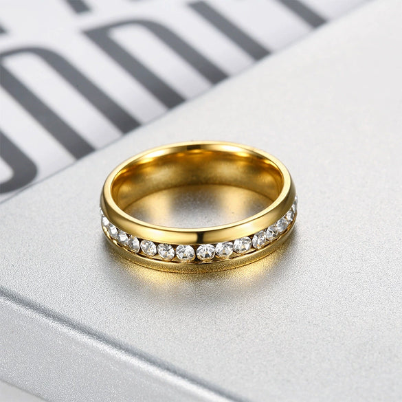 Women's Stainless Steel Geometric Finger Ring With Gold Tone Electroplated Finish And Diamond Encrusted Light Luxury Style