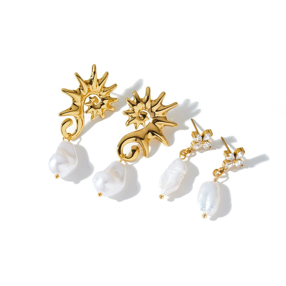 Women's Stainless Steel Geometric Flower Earrings With Zircon And Pearl Gold Plated Light Luxury Fashion Jewelry