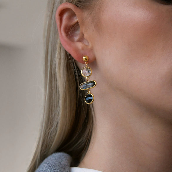 Women's Stainless Steel Geometric Gemstone And Glass Tassel Earrings With Plated Finish