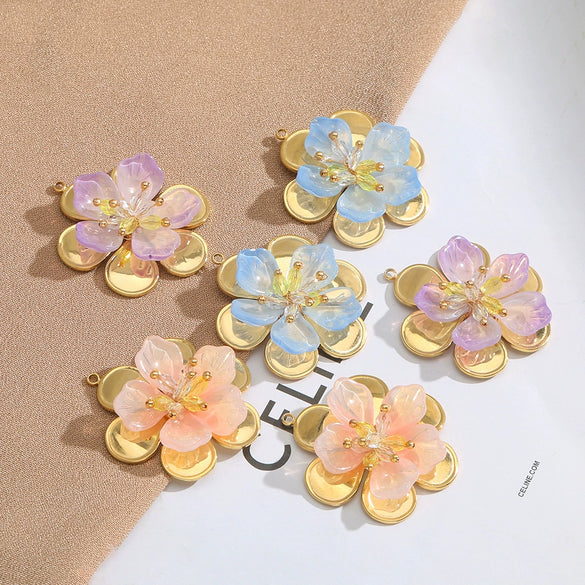 Women's Stainless Steel Geometric Handmade Flower Crystal Beads Jewelry Earrings Pendant With Electroplating