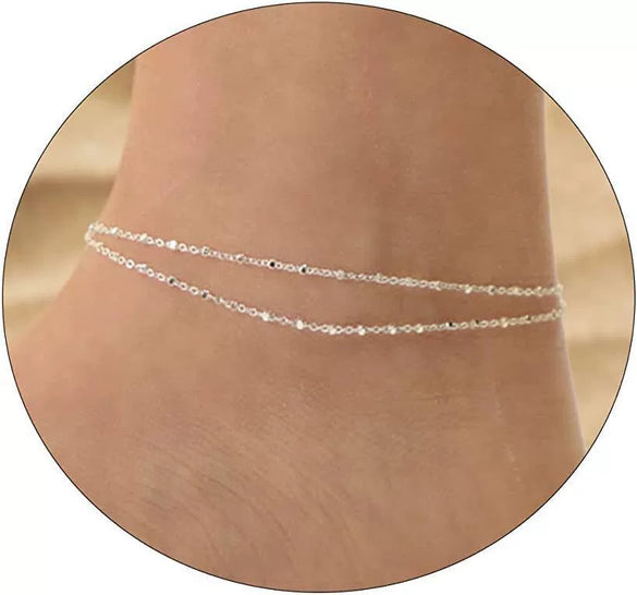 Women's Stainless Steel Geometric Heart Fishbone Snake Chain Fine Bead Paperclip Anklet Simple Fashion Foot Jewelry