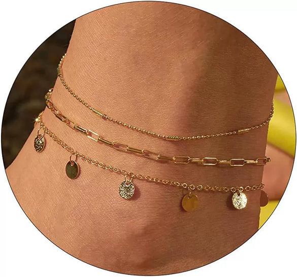 Women's Stainless Steel Geometric Heart Fishbone Snake Chain Fine Bead Paperclip Anklet Simple Fashion Foot Jewelry