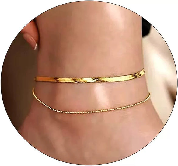 Women's Stainless Steel Geometric Heart Fishbone Snake Chain Fine Bead Paperclip Anklet Simple Fashion Foot Jewelry