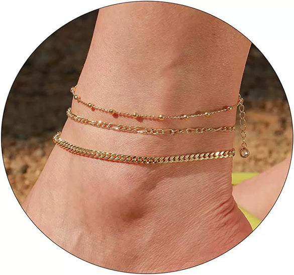 Women's Stainless Steel Geometric Heart Fishbone Snake Chain Fine Bead Paperclip Anklet Simple Fashion Foot Jewelry