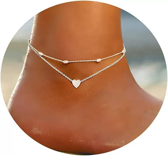 Women's Stainless Steel Geometric Heart Fishbone Snake Chain Fine Bead Paperclip Anklet Simple Fashion Foot Jewelry