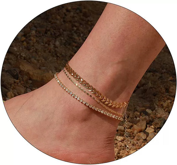 Women's Stainless Steel Geometric Heart Fishbone Snake Chain Fine Bead Paperclip Anklet Simple Fashion Foot Jewelry