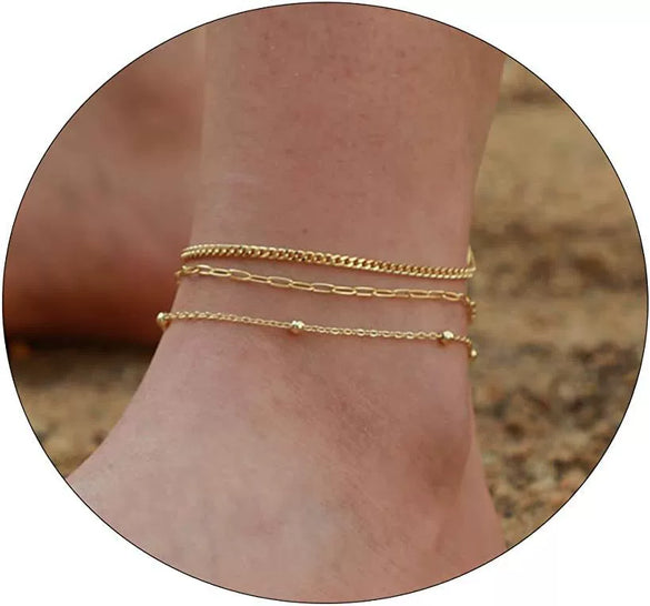 Women's Stainless Steel Geometric Heart Fishbone Snake Chain Fine Bead Paperclip Anklet Simple Fashion Foot Jewelry