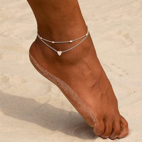 Women's Stainless Steel Geometric Heart Fishbone Snake Chain Fine Bead Paperclip Anklet Simple Fashion Foot Jewelry