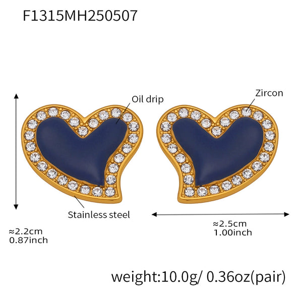 Women's 316L Stainless Steel Geometric Heart Shaped Electroplated Zircon Rhine Blue Diamond Earrings
