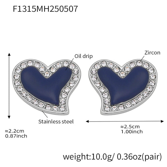 Women's 316L Stainless Steel Geometric Heart Shaped Electroplated Zircon Rhine Blue Diamond Earrings