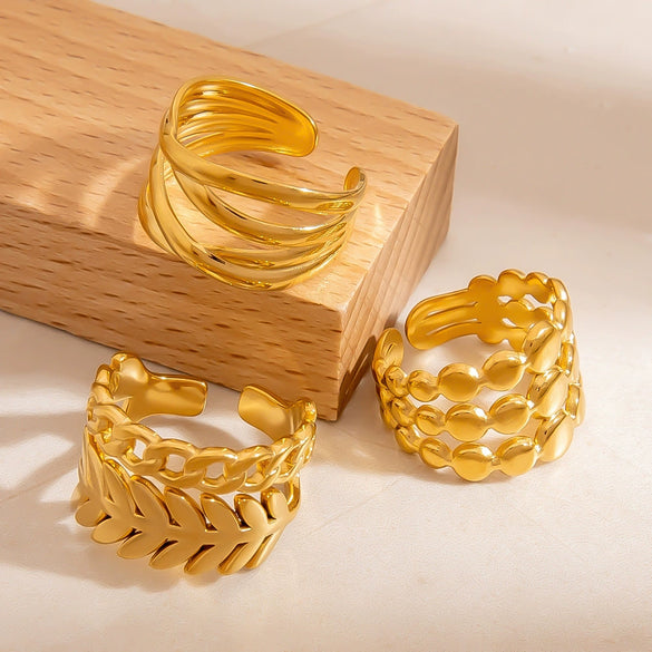 Women's Stainless Steel Geometric Irregular Opening Hand Jewelry Ring Electroplated 18K Gold Colorpreserving Light Luxury Style