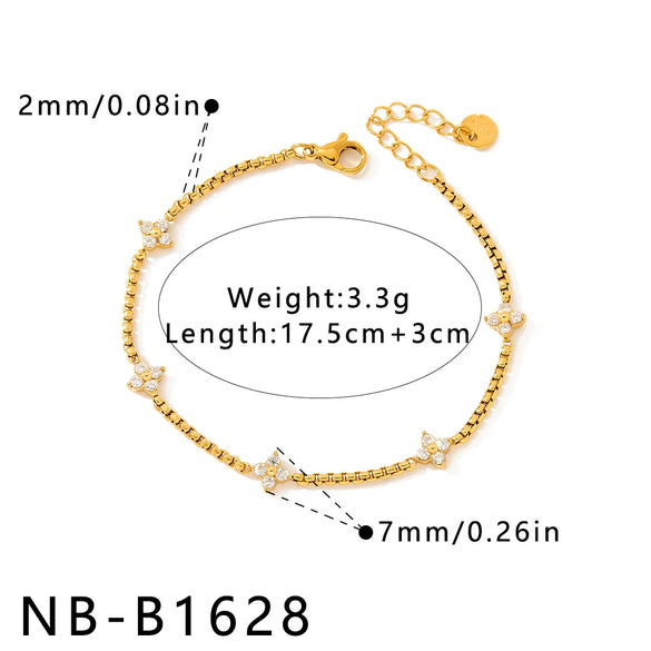 Women's Stainless Steel Geometric Jewelry Set With Rhinestone Flower Necklace And Bracelet Vacuum Electroplated Gold Finish
