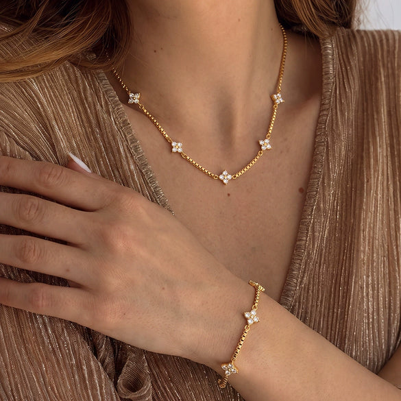 Women's Stainless Steel Geometric Jewelry Set With Rhinestone Flower Necklace And Bracelet Vacuum Electroplated Gold Finish