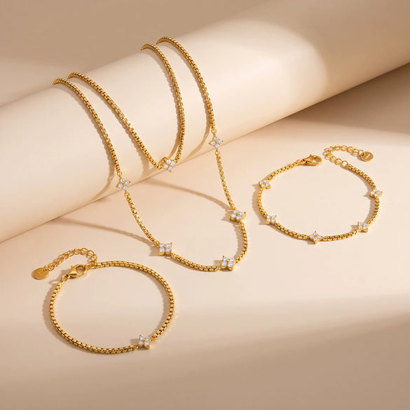 Women's Stainless Steel Geometric Jewelry Set With Rhinestone Flower Necklace And Bracelet Vacuum Electroplated Gold Finish