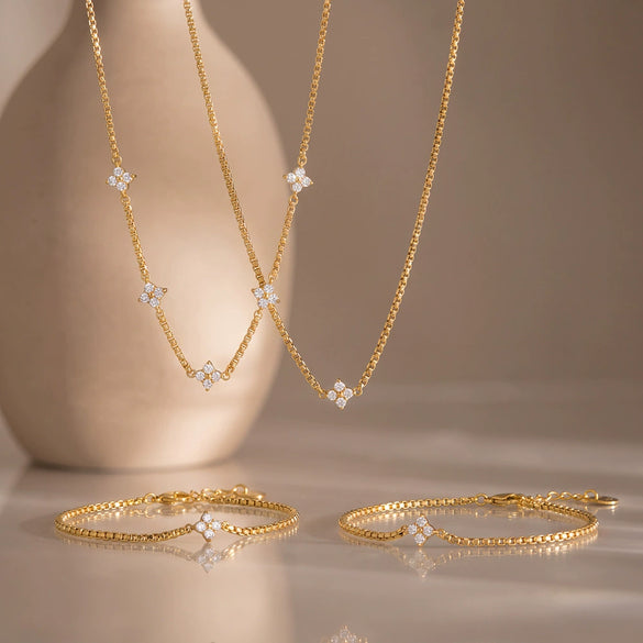 Women's Stainless Steel Geometric Jewelry Set With Rhinestone Flower Necklace And Bracelet Vacuum Electroplated Gold Finish
