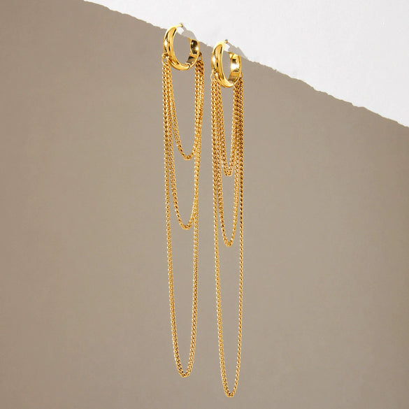 Women's Stainless Steel Geometric Layered Gradient Long Tassel Earrings With Plated Finish