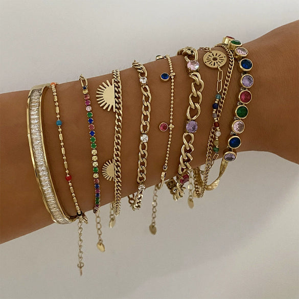 Women's Stainless Steel Geometric Light Luxury Bracelet Suit With Inlaid Colorful Zircon Electroplated
