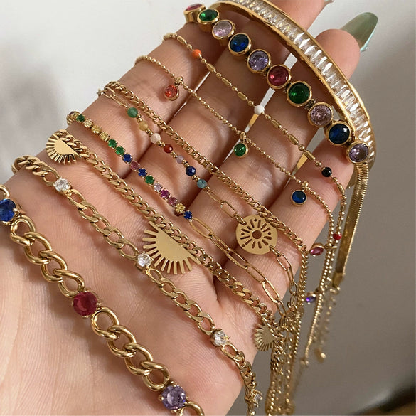 Women's Stainless Steel Geometric Light Luxury Bracelet Suit With Inlaid Colorful Zircon Electroplated