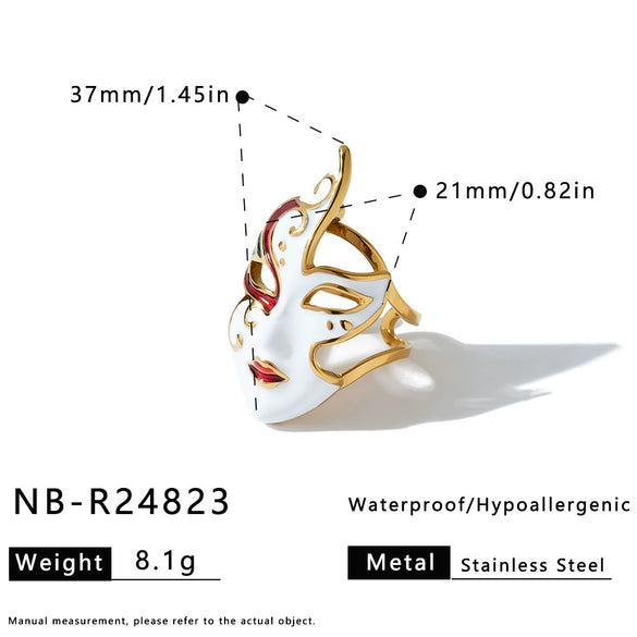 Women's Stainless Steel Geometric Mask Pattern Earrings And Ring Set With Enamel Detail And 18K Vacuum Plated Finish