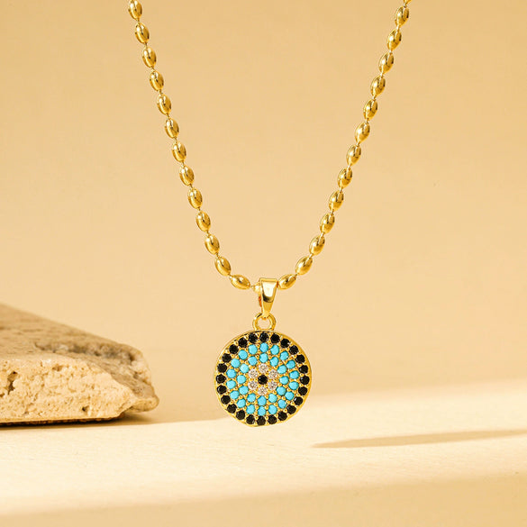 Women's Stainless Steel Geometric Mixed Gemstone Inlay Electroplated Clavicle Chain With Devil's Eye Pendant
