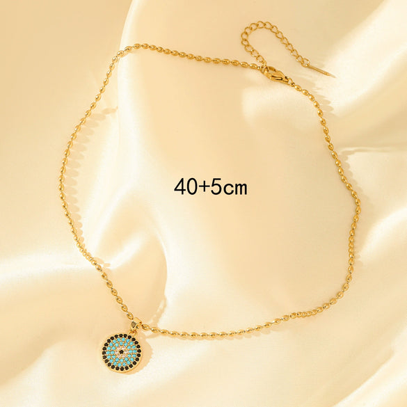 Women's Stainless Steel Geometric Mixed Gemstone Inlay Electroplated Clavicle Chain With Devil's Eye Pendant