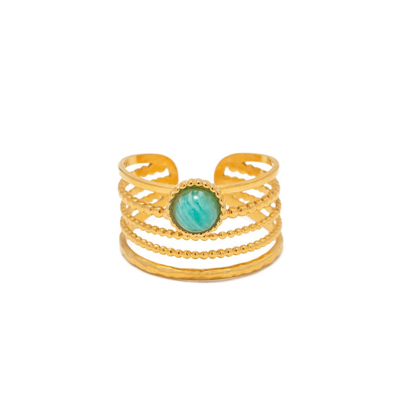 Women's Stainless Steel Geometric Multilayer Wide Ring Electroplated With 18K Gold And Blue Tianhe Stone Nonfading