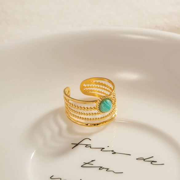 Women's Stainless Steel Geometric Multilayer Wide Ring Electroplated With 18K Gold And Blue Tianhe Stone Nonfading