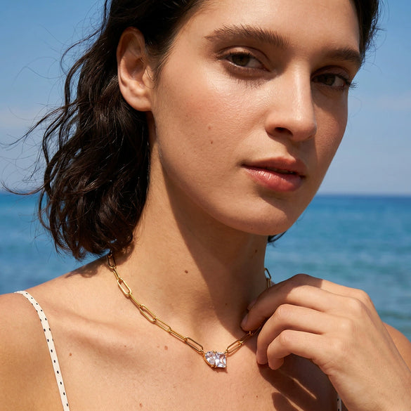 Women's Stainless Steel Geometric Necklace With Water Drop And Square Zircon Inlay 18K Vacuum Plated Non Fading Jewelry