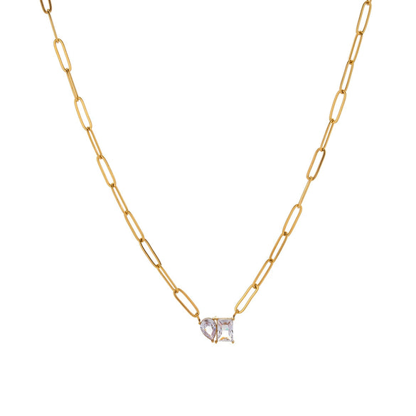 Women's Stainless Steel Geometric Necklace With Water Drop And Square Zircon Inlay 18K Vacuum Plated Non Fading Jewelry