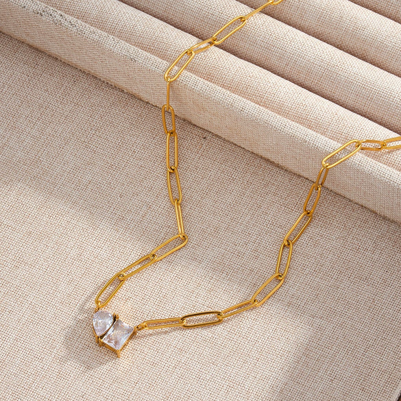 Women's Stainless Steel Geometric Necklace With Water Drop And Square Zircon Inlay 18K Vacuum Plated Non Fading Jewelry