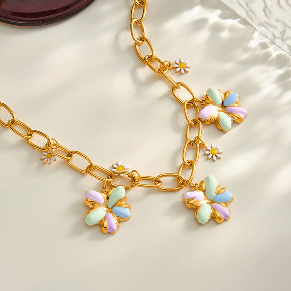 Women's Stainless Steel Geometric Oil Drip Flower Necklace With 18K Gold Vacuum Plated Finish And Regular Chain
