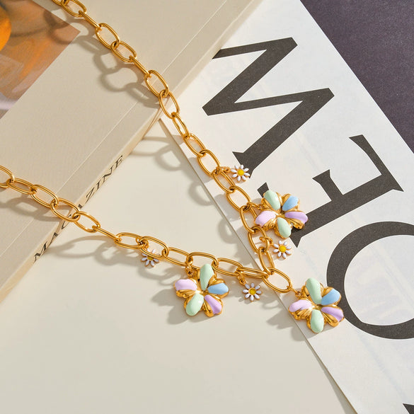 Women's Stainless Steel Geometric Oil Drip Flower Necklace With 18K Gold Vacuum Plated Finish And Regular Chain