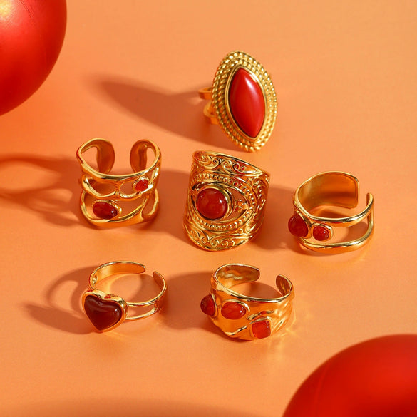 Women's Stainless Steel Geometric Open Ring With Red Agate Electroplated Hand Jewelry