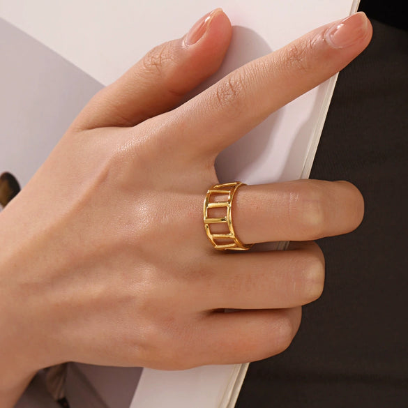 Women's Stainless Steel Geometric Opening Adjustable Ring 18K Gold Plated