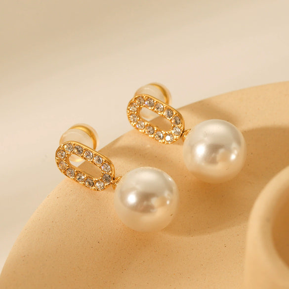 Women's Stainless Steel Geometric Oval Electroplated Diamond And Pearl Earrings