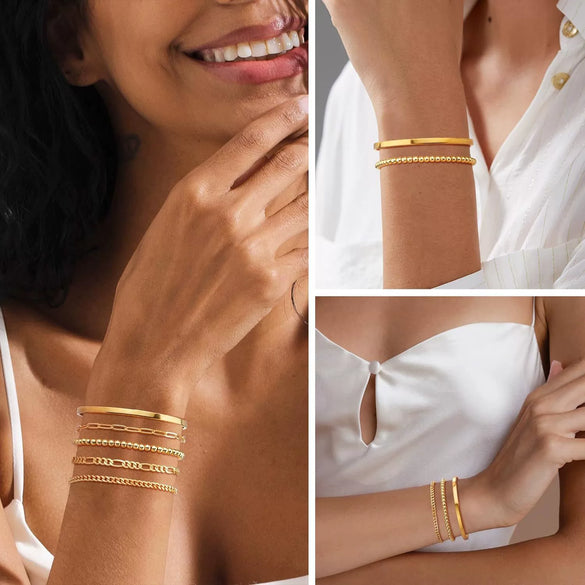 Women's Stainless Steel Geometric Paper Clip And Cuban Chain Bracelet Stacking Set With Adjustable Electroplated Design