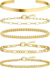 Women's Stainless Steel Geometric Paper Clip And Cuban Chain Bracelet Stacking Set With Adjustable Electroplated Design
