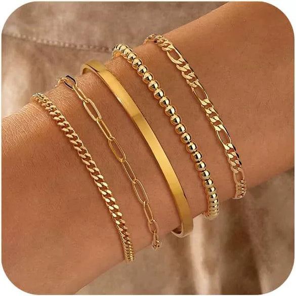 Women's Stainless Steel Geometric Paper Clip And Cuban Chain Bracelet Stacking Set With Adjustable Electroplated Design