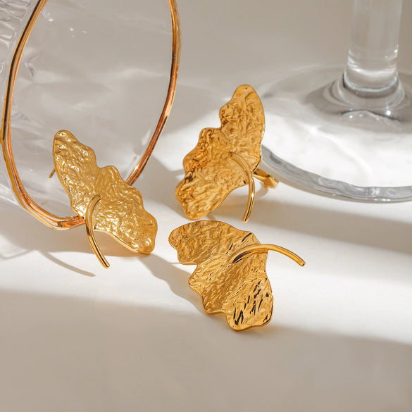 Women's Stainless Steel Geometric Pattern Electroplated Ginkgo Leaf Ring Earrings