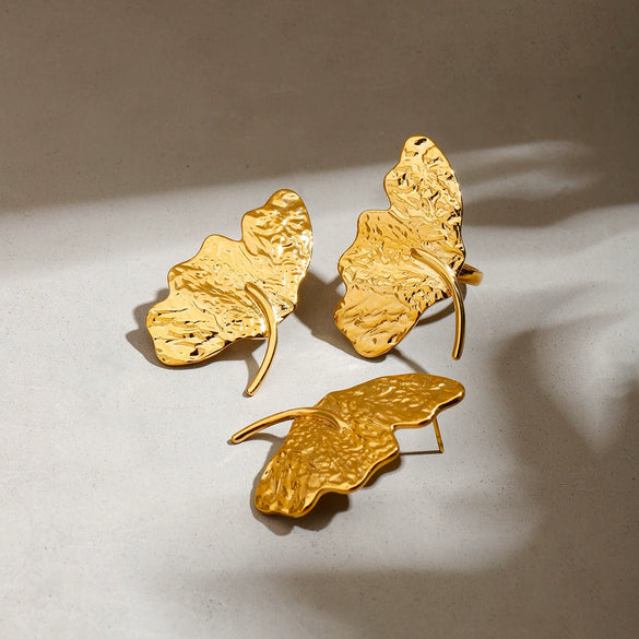 Women's Stainless Steel Geometric Pattern Electroplated Ginkgo Leaf Ring Earrings