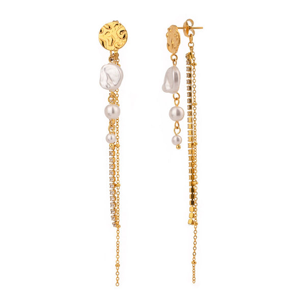 Women's Stainless Steel Geometric Pearl White Zircon Claw Chain Hammer Grain Disc Tassel Earrings With Electroplating